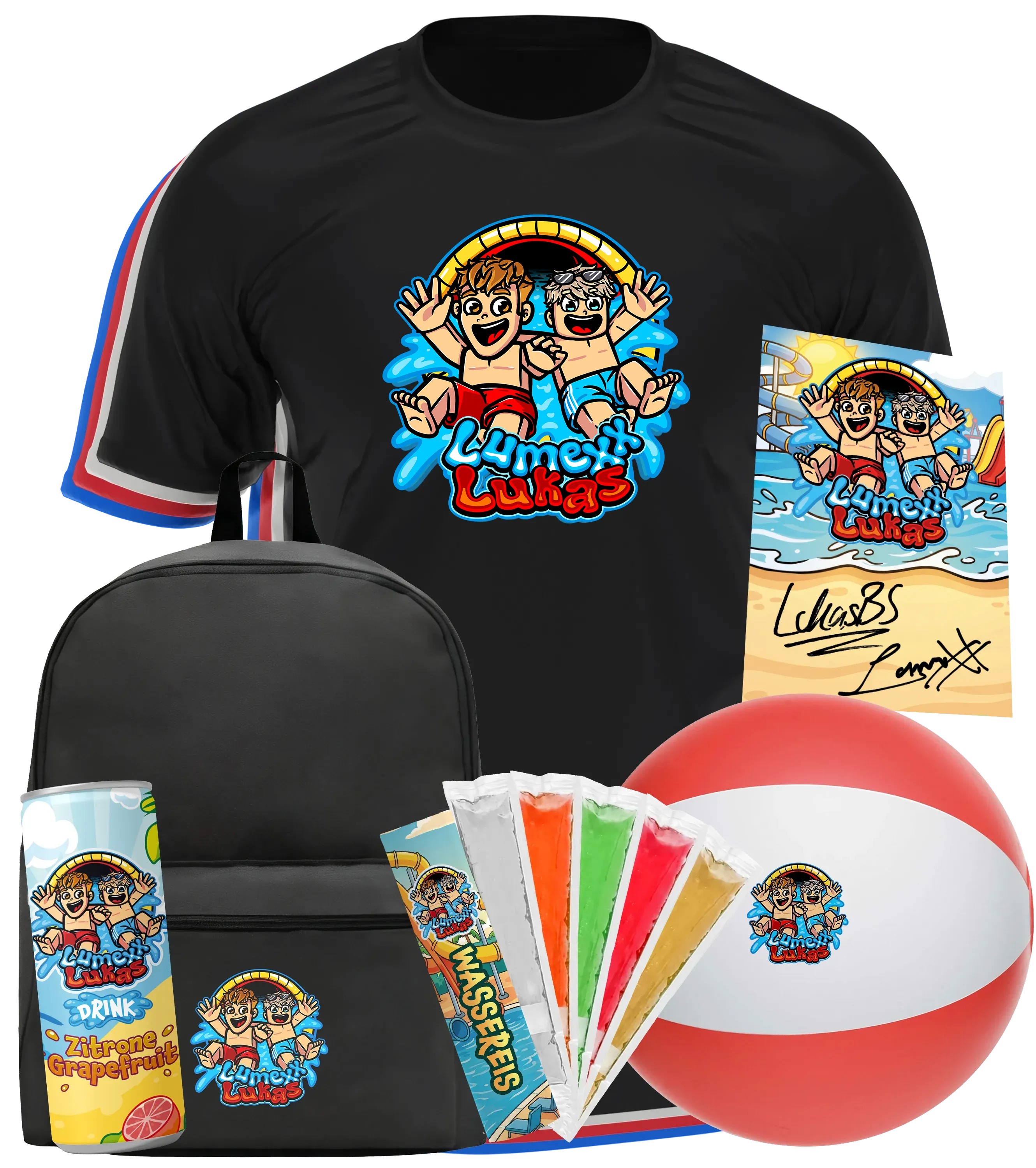 LumeXx x LukasBS - Sommer Bundle - T-Shirt + Rucksack + Drink +  Wasserball + Wassereis + Autogrammkarte