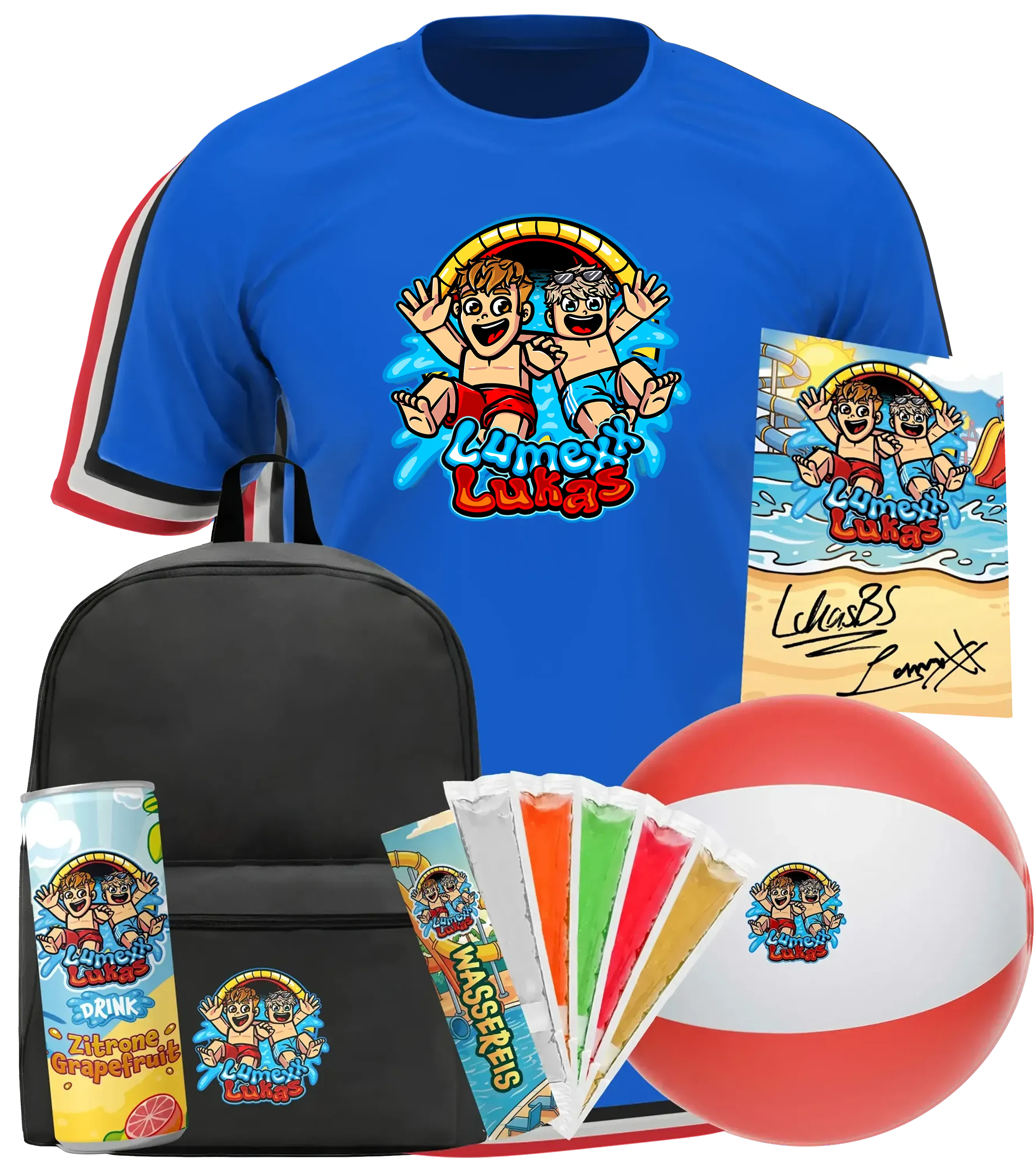 LumeXx x LukasBS - Sommer Bundle - T-Shirt + Rucksack + Drink +  Wasserball + Wassereis + Autogrammkarte