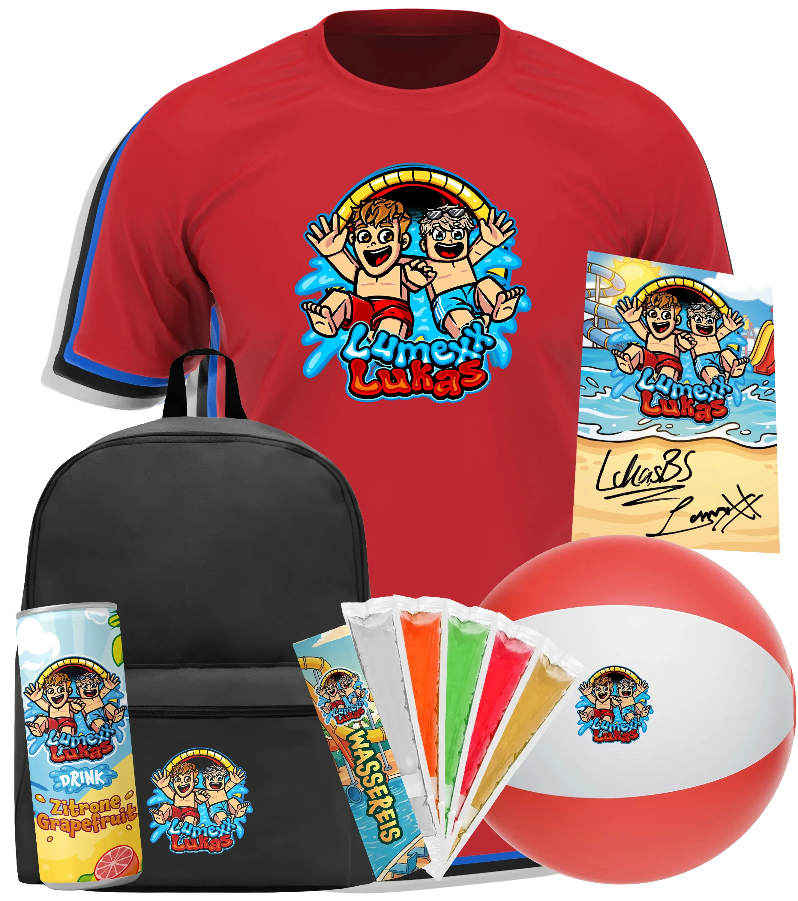 LumeXx x LukasBS - Sommer Bundle - T-Shirt + Rucksack + Drink +  Wasserball + Wassereis + Autogrammkarte