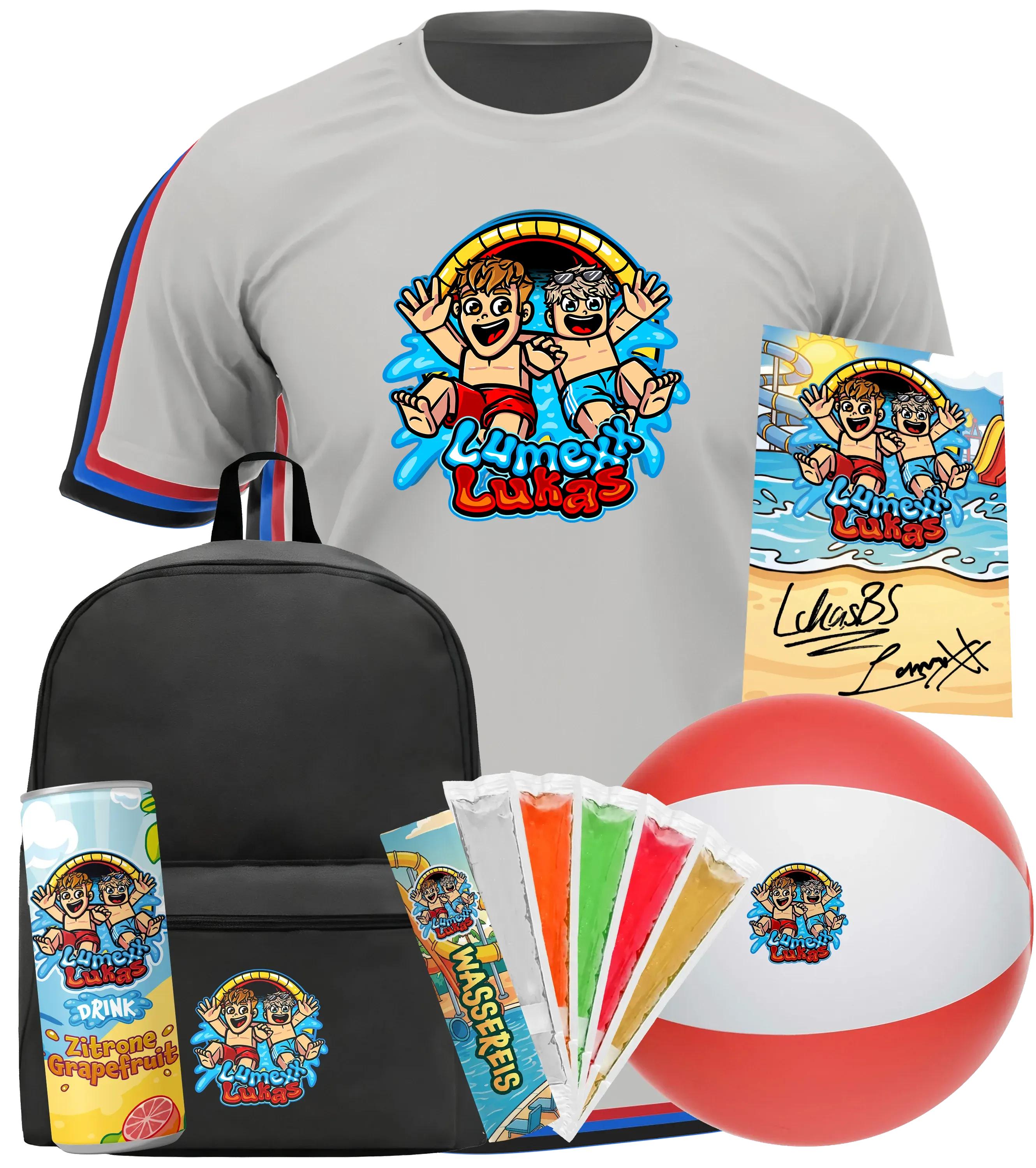 LumeXx x LukasBS - Sommer Bundle - T-Shirt + Rucksack + Drink +  Wasserball + Wassereis + Autogrammkarte