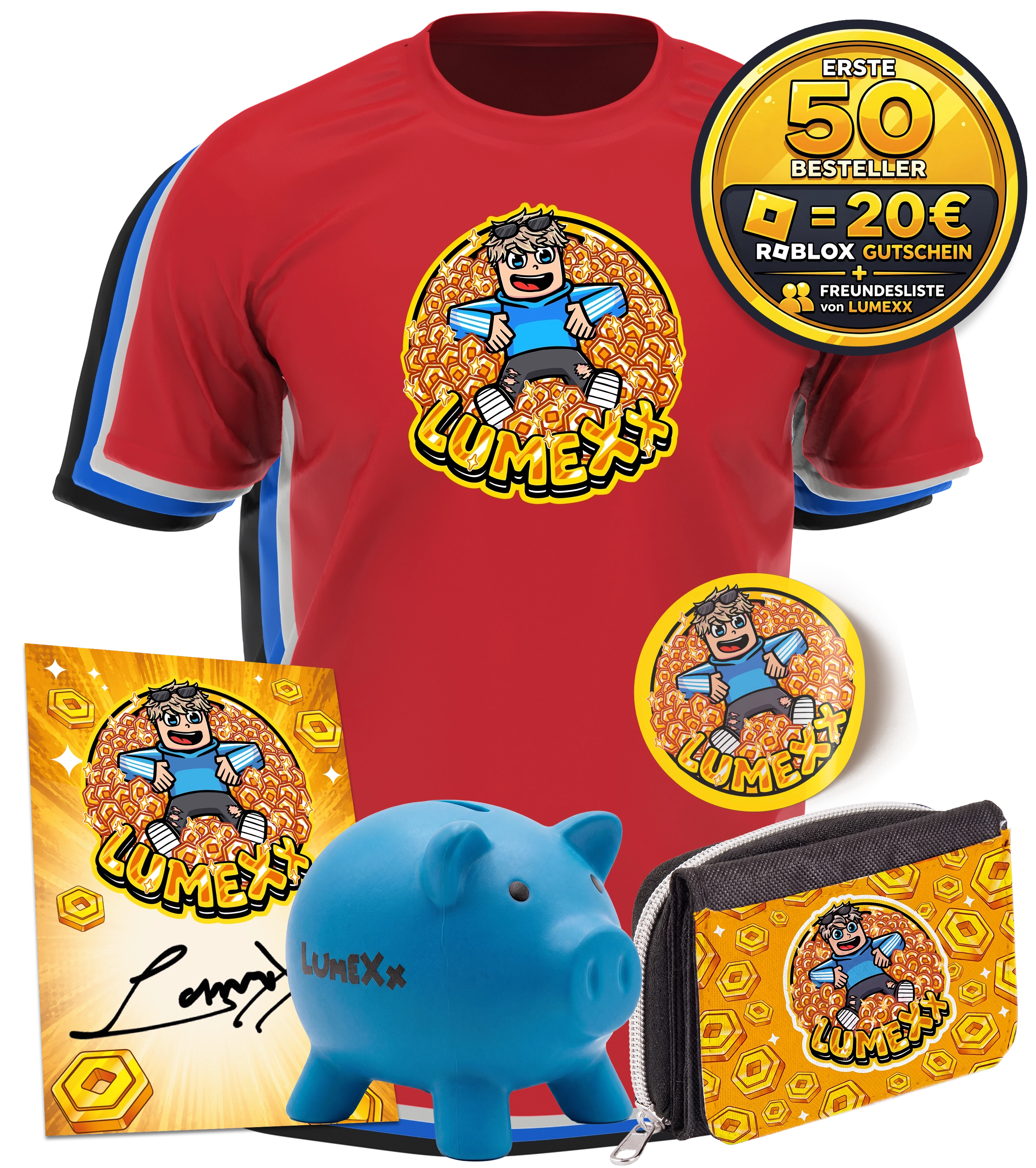 LumeXx - Robux Bundle - T-Shirt + Geldbörse + Sticker + Sparschwein +  Autogrammkarte