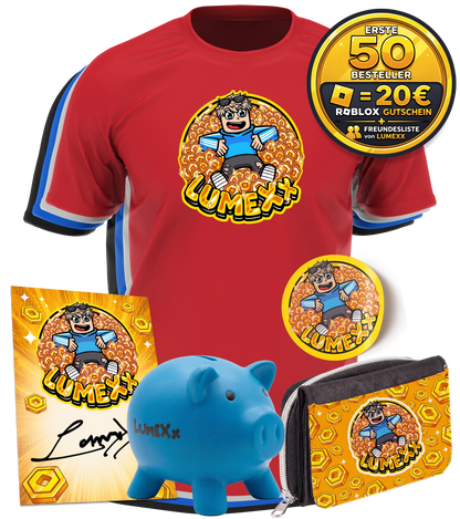 LumeXx - Robux Bundle - T-Shirt + Geldbörse + Sticker + Sparschwein +  Autogrammkarte