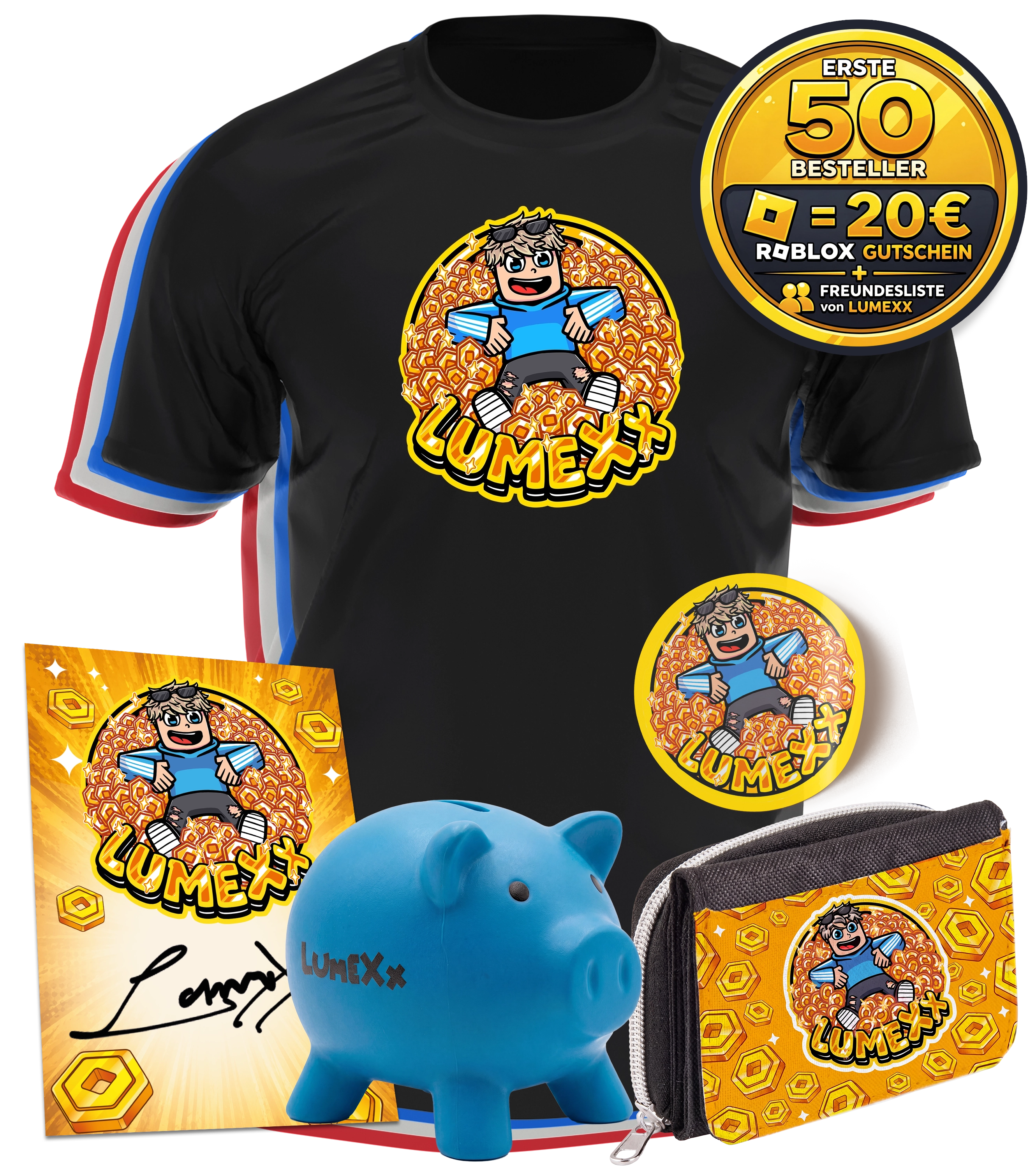 LumeXx - Robux Bundle - T-Shirt + Geldbörse + Sticker + Sparschwein +  Autogrammkarte
