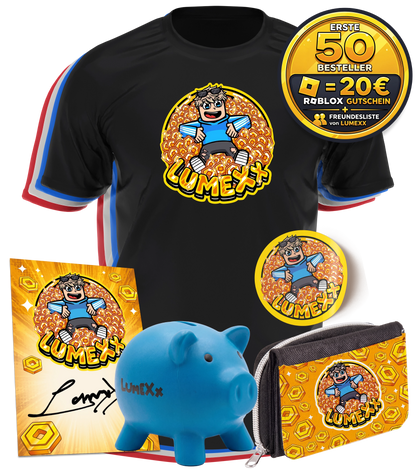 LumeXx - Robux Bundle - T-Shirt + Geldbörse + Sticker + Sparschwein +  Autogrammkarte