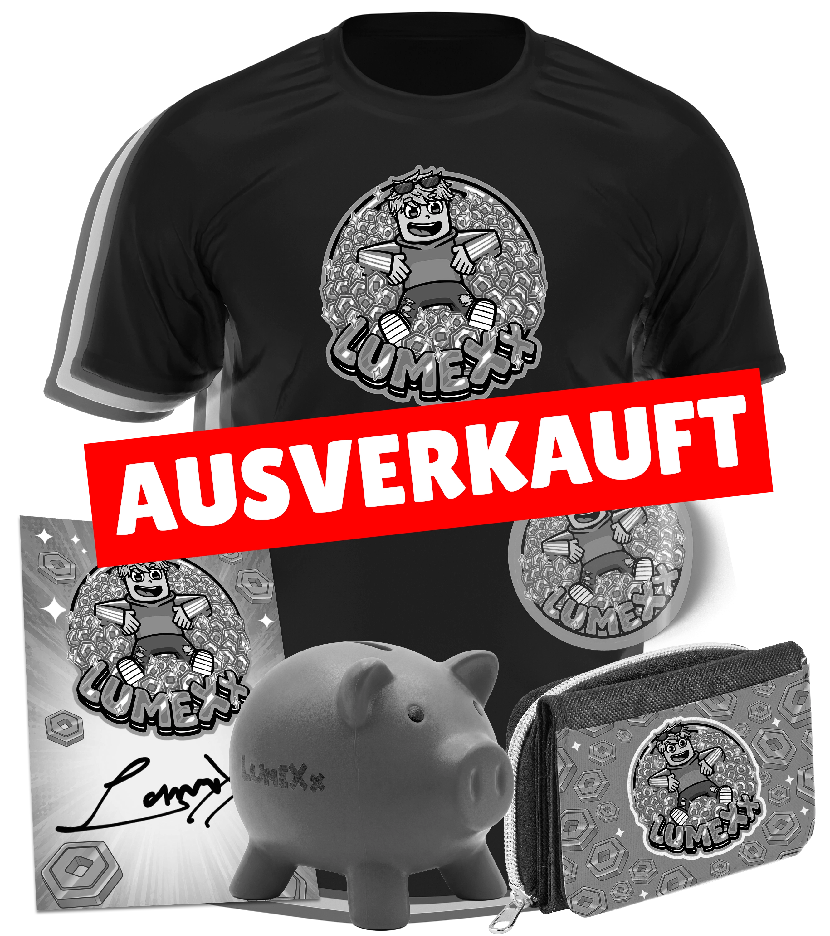 LumeXx - Robux Bundle - T-Shirt + Geldbörse + Sticker + Sparschwein +  Autogrammkarte