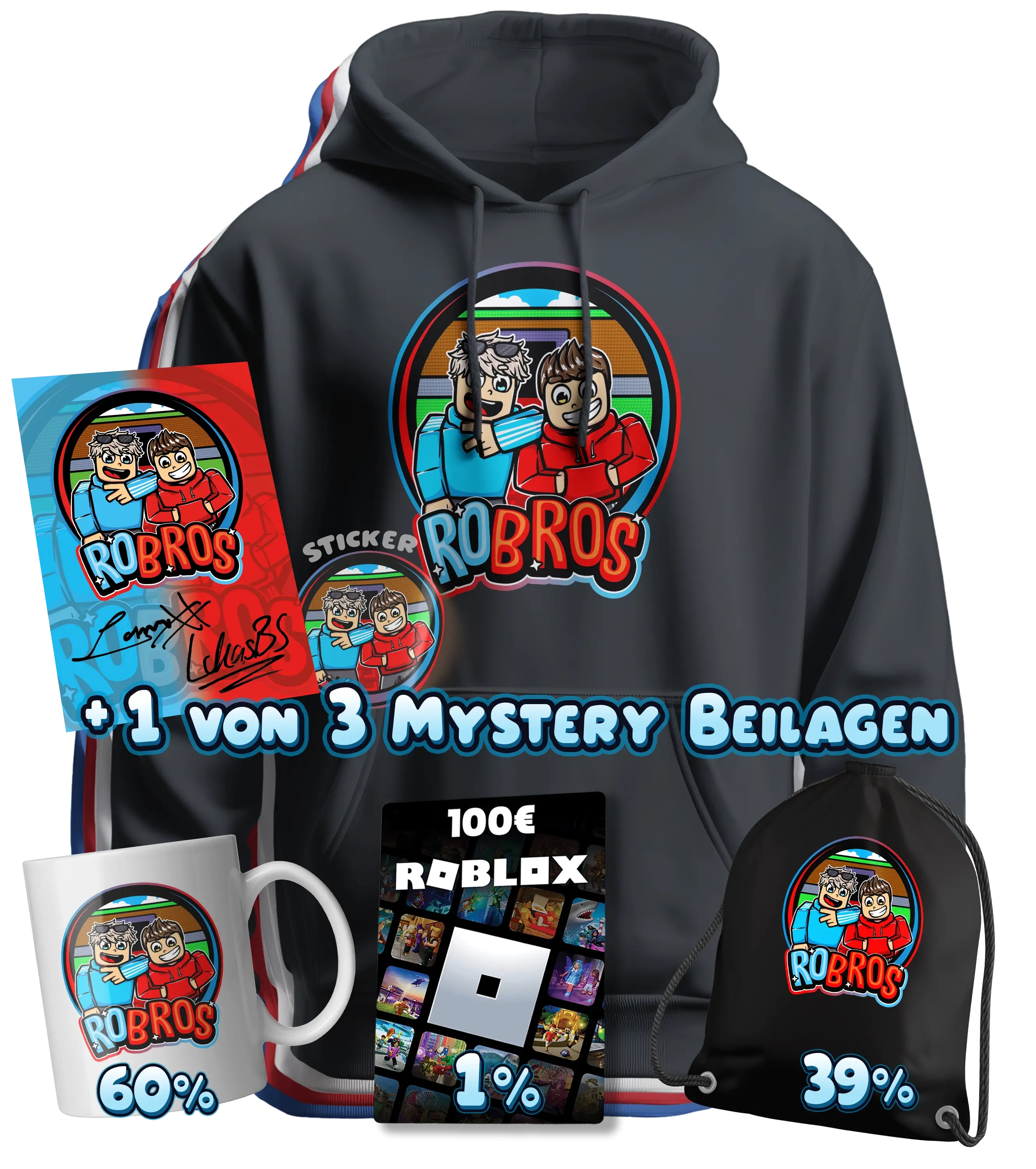RoBros (LumeXx x LukasBS) - Bundle - Hoodie + Autogrammkarte + Sticker+ 1 von 3 Mystery Beilagen