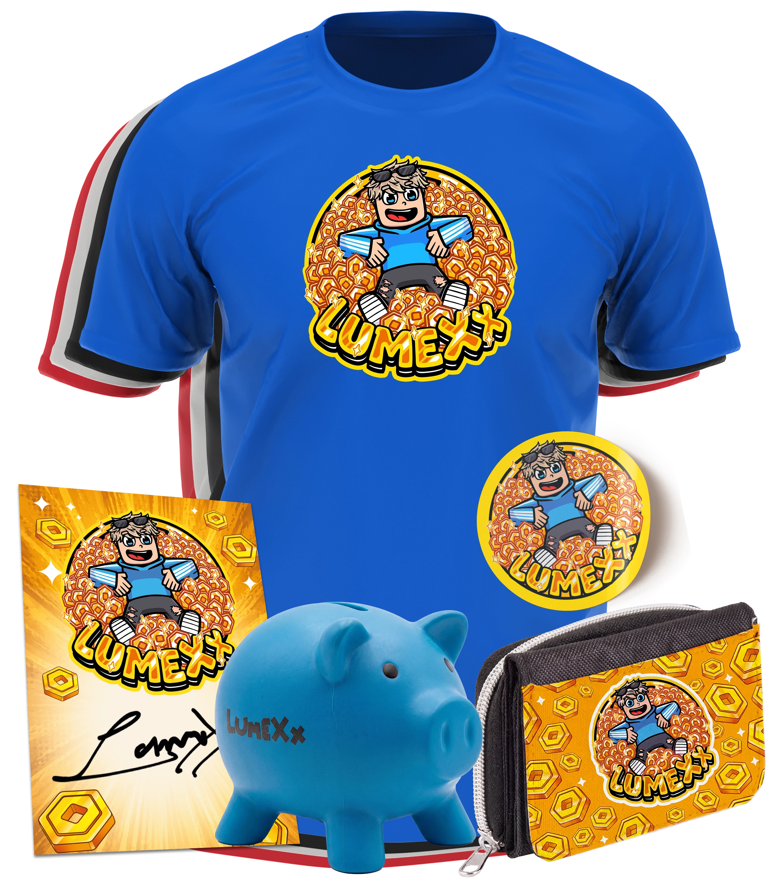 LumeXx - Robux Bundle - T-Shirt + Geldbörse + Sticker + Sparschwein +  Autogrammkarte