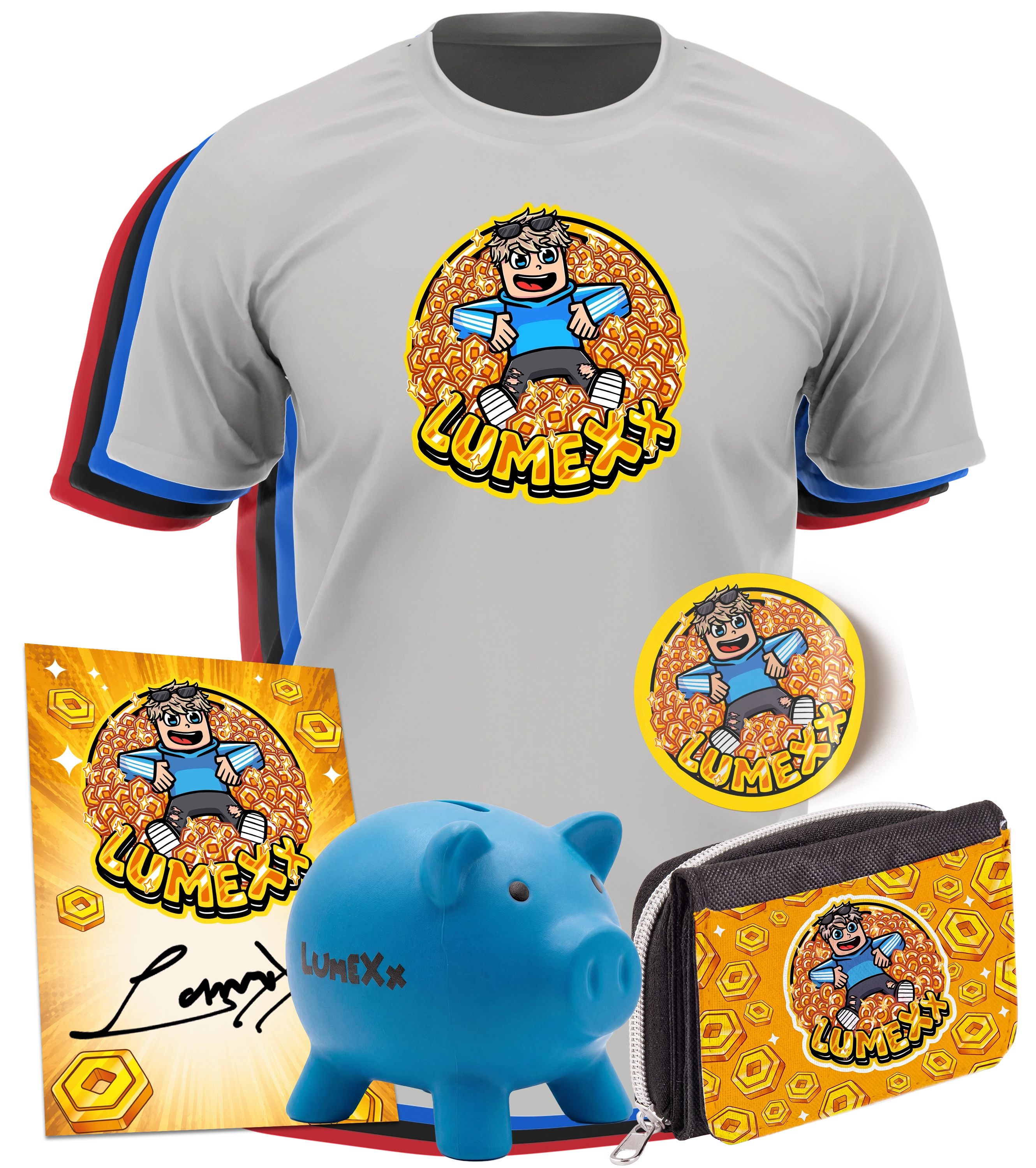 LumeXx - Robux Bundle - T-Shirt + Geldbörse + Sticker + Sparschwein +  Autogrammkarte