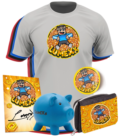 LumeXx - Robux Bundle - T-Shirt + Geldbörse + Sticker + Sparschwein +  Autogrammkarte